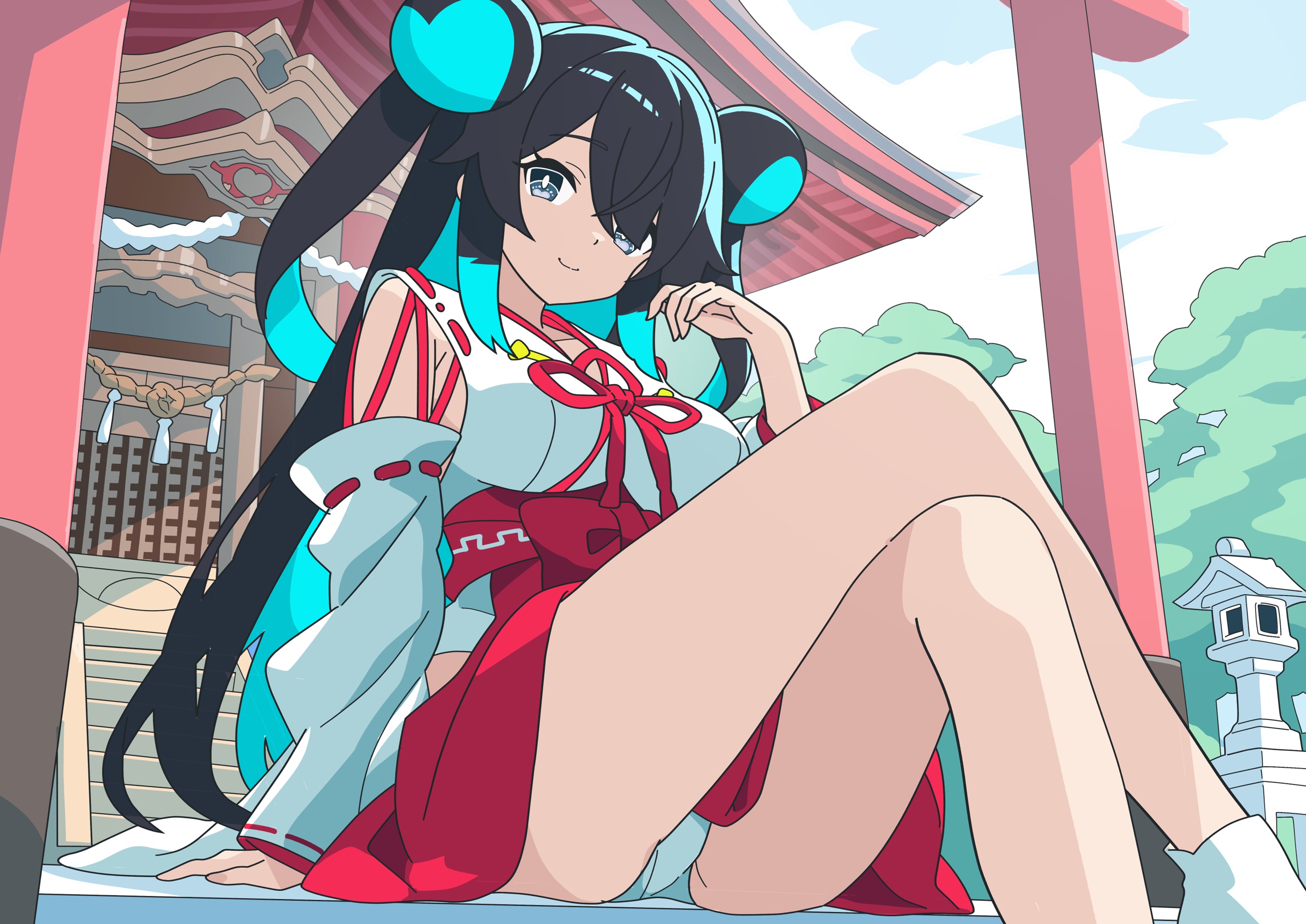 神社背景の青黒髪キャラクターキービジュアル